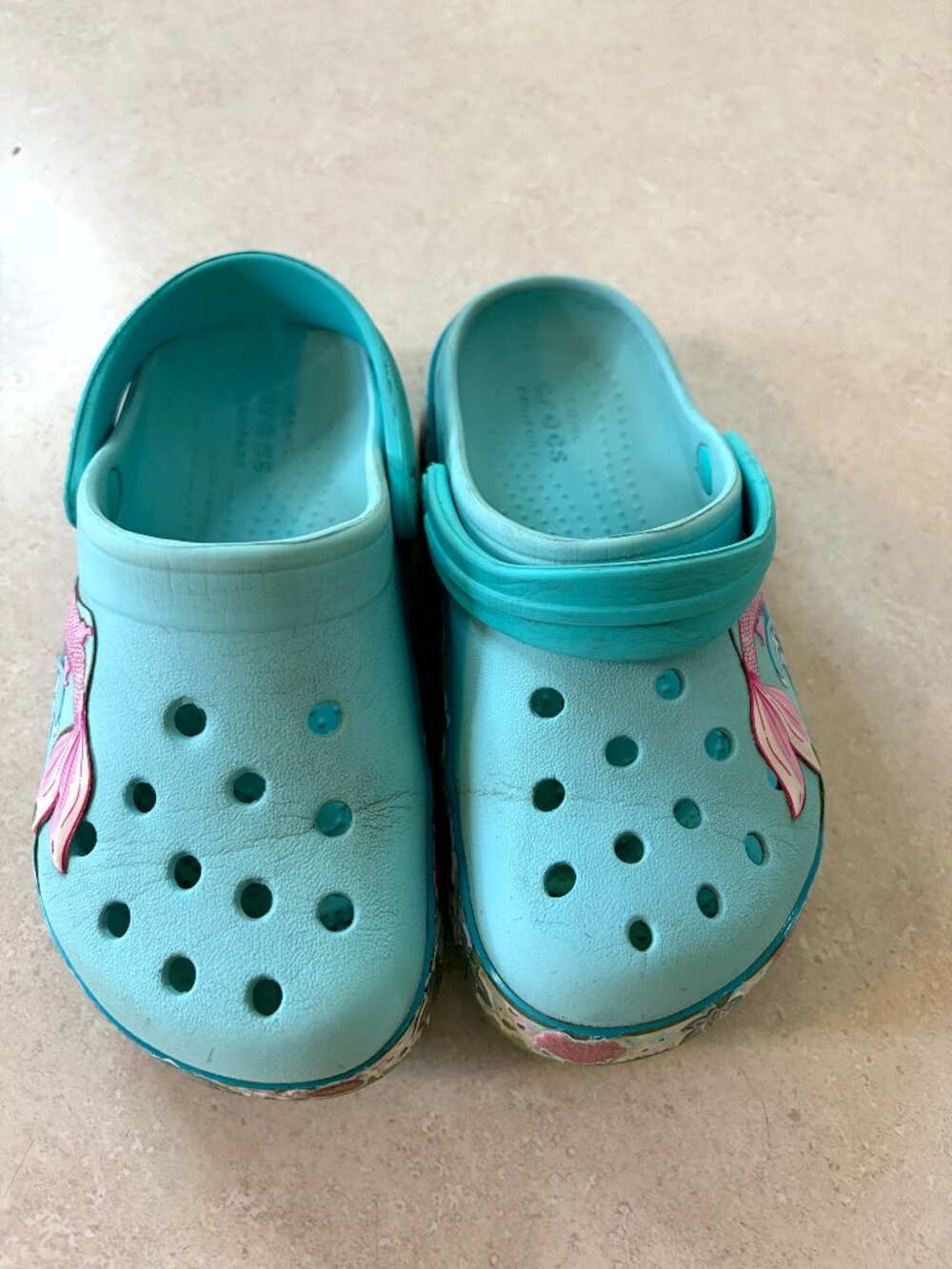 Kids Size C11 Crocs Mermaid Tail Seashells Starfish Light Blue Pink Clogs Shoes